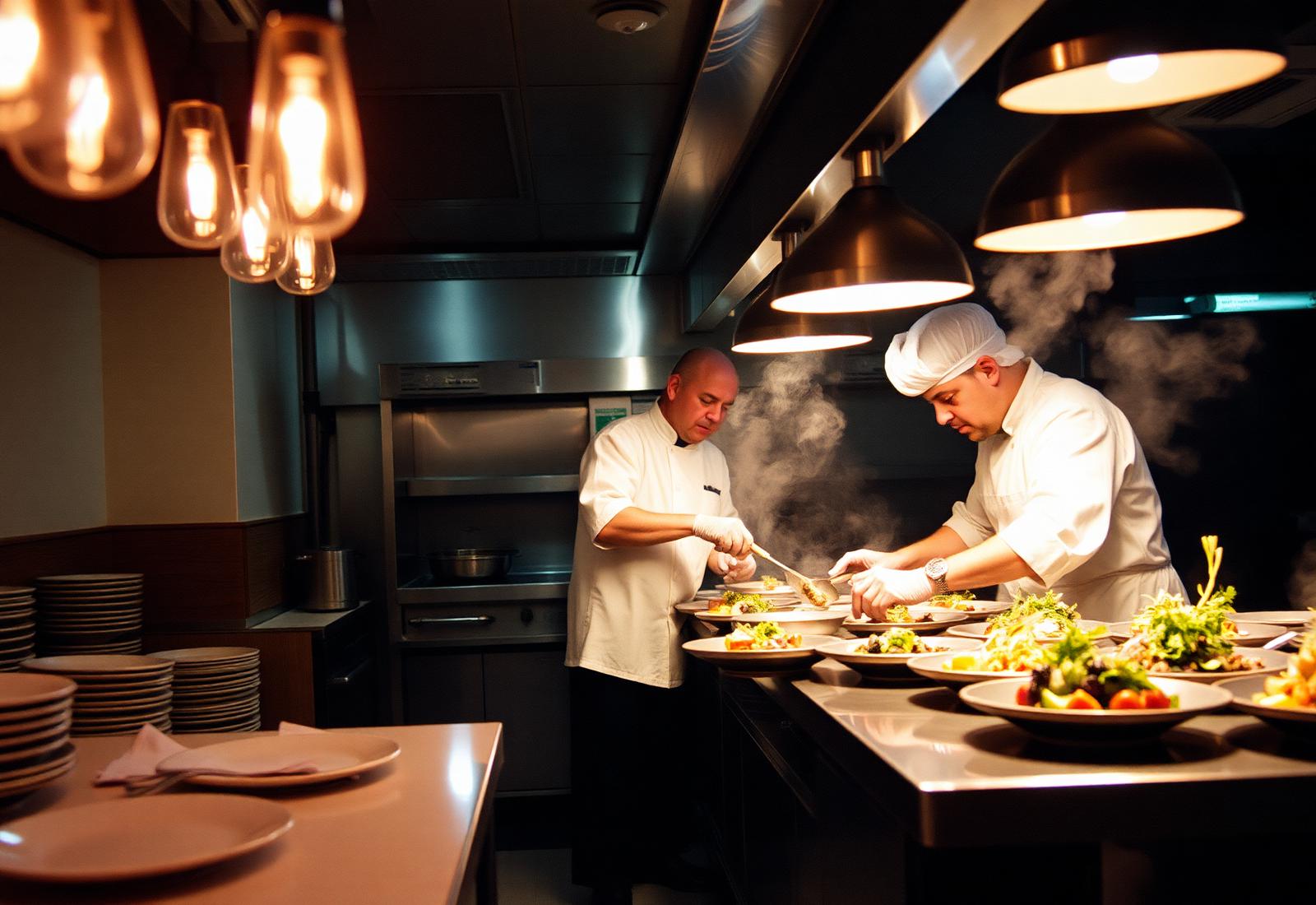 Chefs plating dishes on a busy restaurant pass
