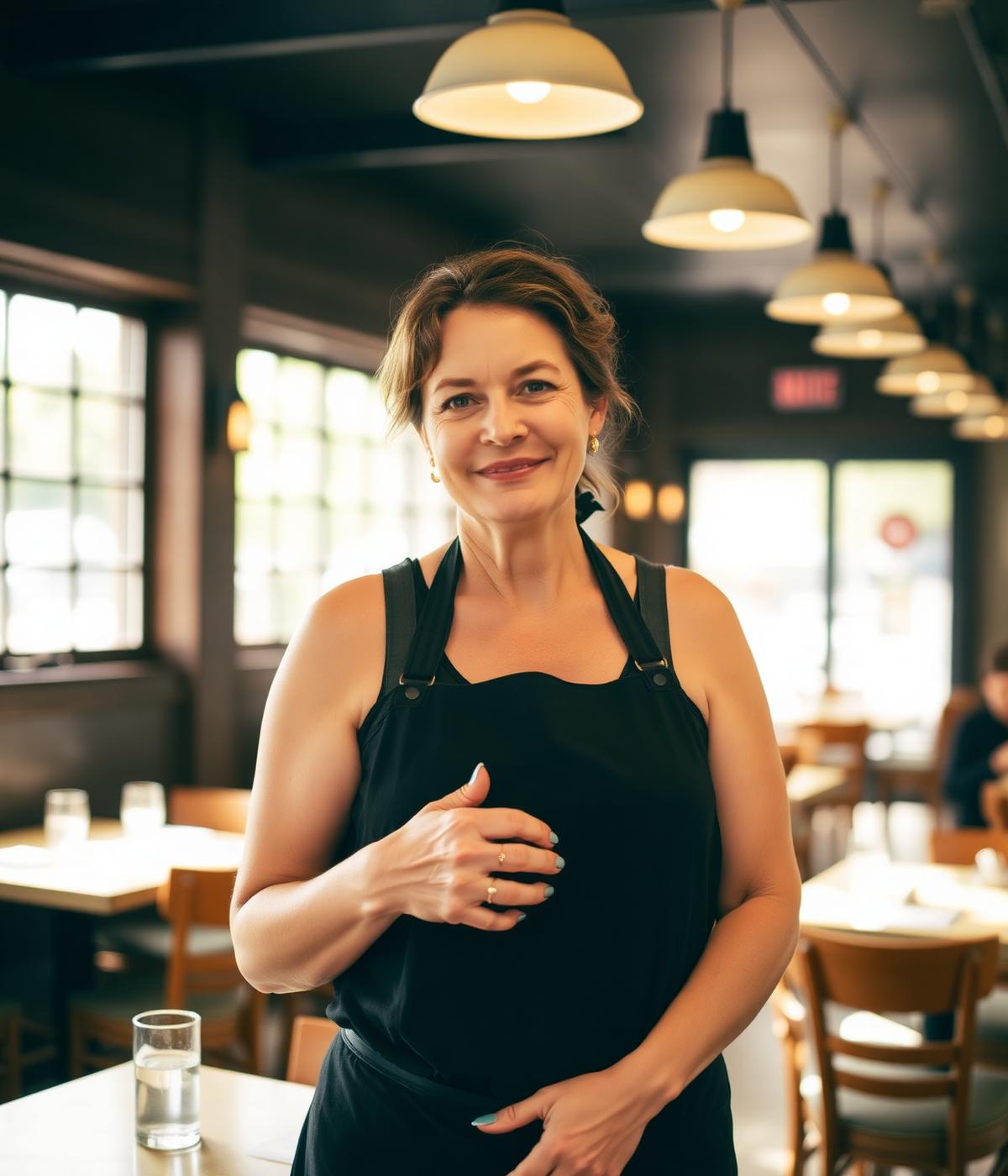 Placeholder portrait of a restaurant owner in her dining room