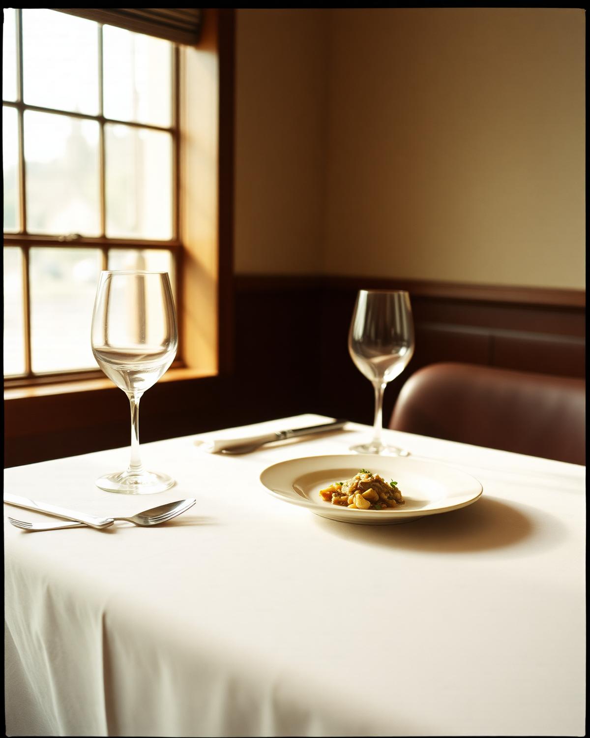A dressed table by a window in a fine dining room